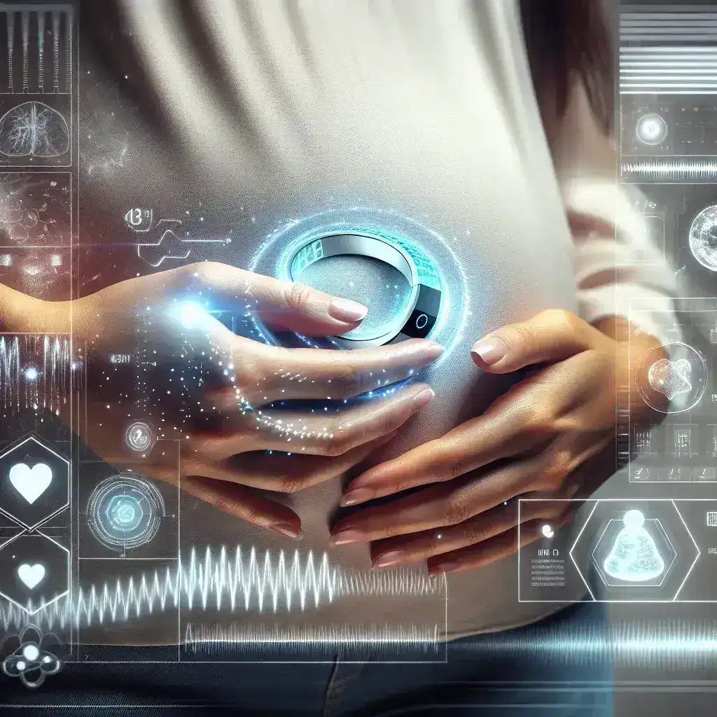 "Close-up of the Oura Ring displaying pregnancy tracking features on a smartphone screen, highlighting new health monitoring technology for expectant mothers."