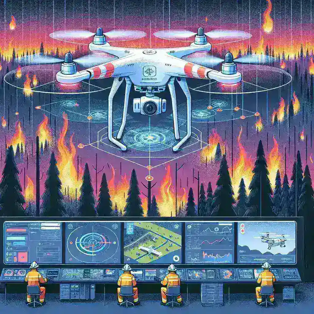 "AI-powered robotic drone equipped for wildfire control, showcasing predictive path mapping technology in action against a backdrop of forested area."